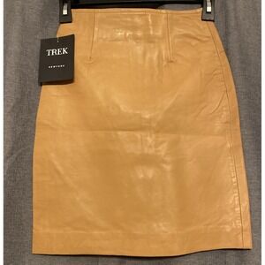 NWT Trek New York Italian Lamb Leather Skirt Women Honey Brown Pleated Zip Sz 2